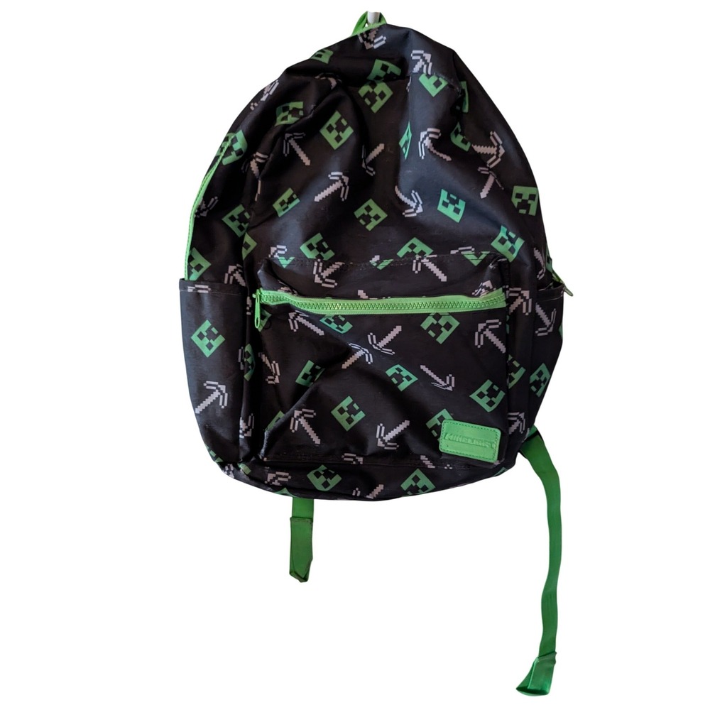 Minecraft Creeper Pickaxe Kids Backpack Black Green Video Game School Bag